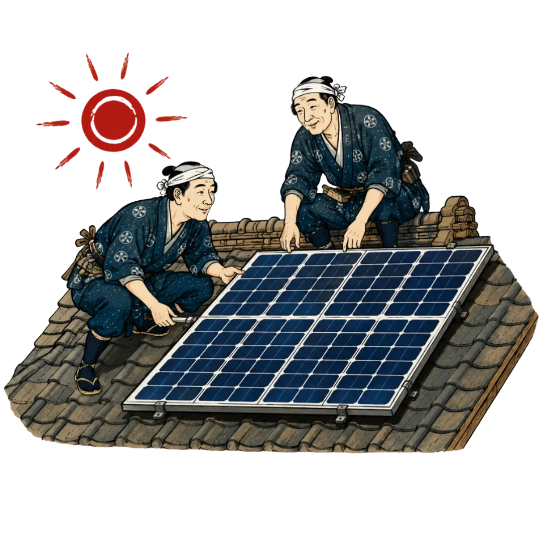 屋根に太陽光発電パネルを設置する職人