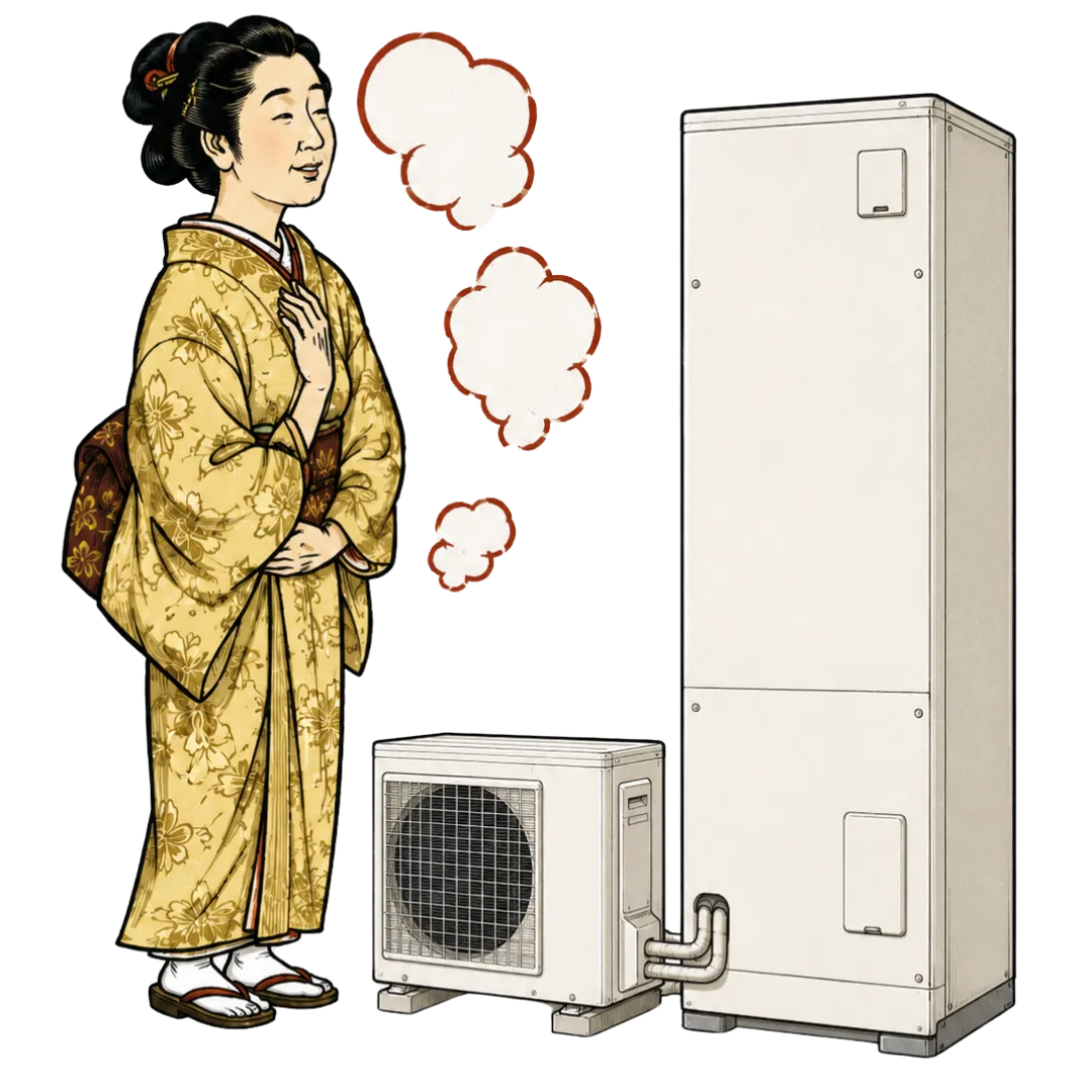 エコキュートと快適なお湯を利用する女性