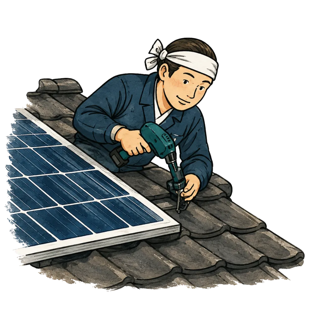 屋根に太陽光発電パネルを設置する施工スタッフ