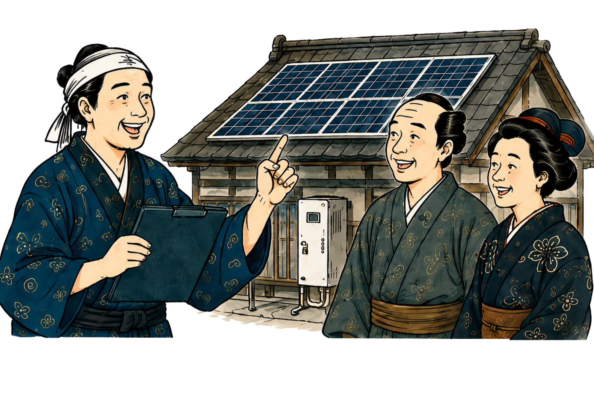 太陽光発電を設置した住宅でアフターフォローを行う担当者