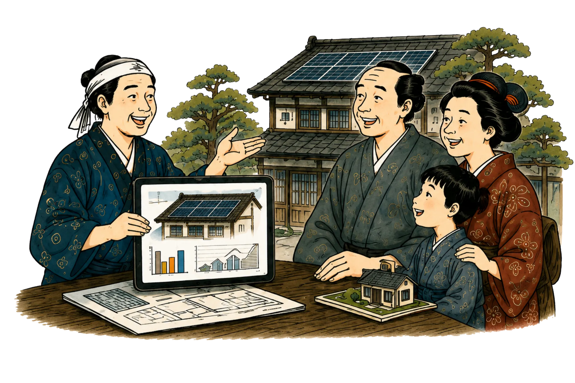 住宅に適した省エネ設備の提案を受ける家族